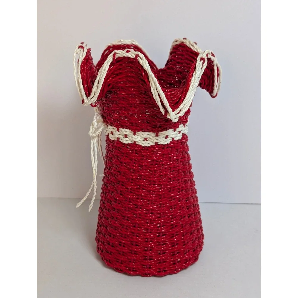 Vintage Red Wicker Basket Flower Vase Holder White Ruffled Top Bow Made in Korea